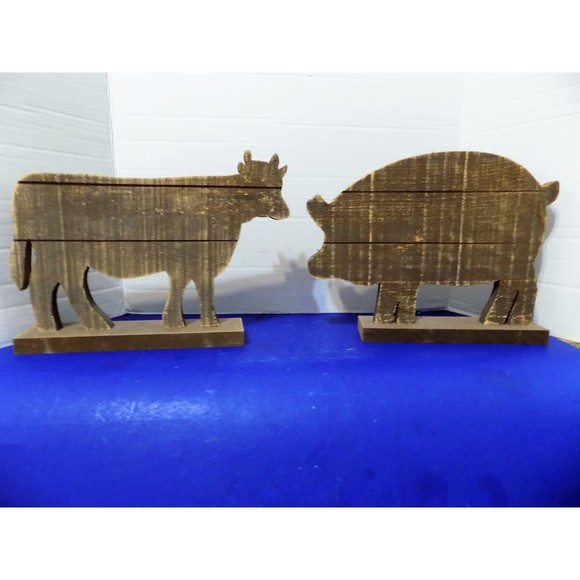New Wood Pig Cow Statue Figurine Rustic Country Farmhouse Decor - Picture 1 of 7